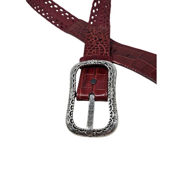 Brighton 34 Brown Leather Croc Embossed Belt Classic Cut Out Rhinestone - Picture 3 of 4